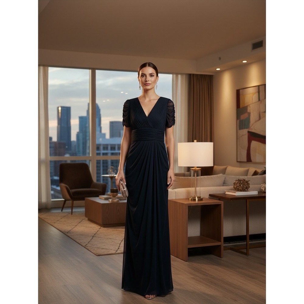 Adrianna Papell Evening Gown Women 6 Navy Blue Draped Pleated V-Neck Maxi Dress